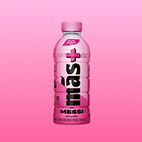 Una botella de Más+ by Messi 500 ml Miami Punch sobre fondo rosa.
